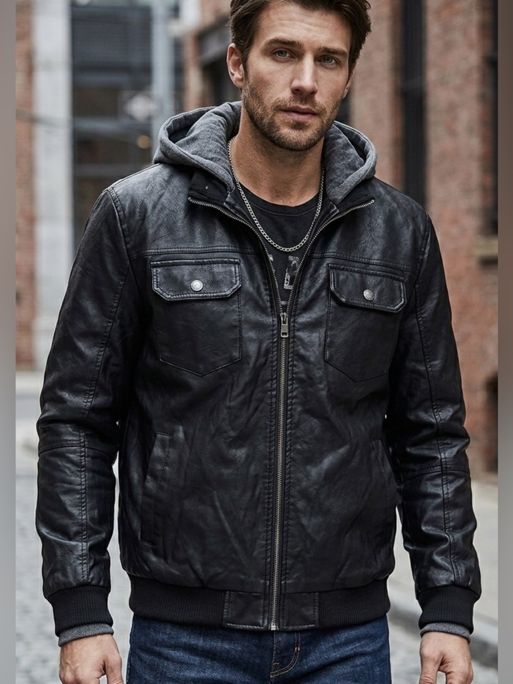 Men's Black Hooded Leather Bomber Jacket